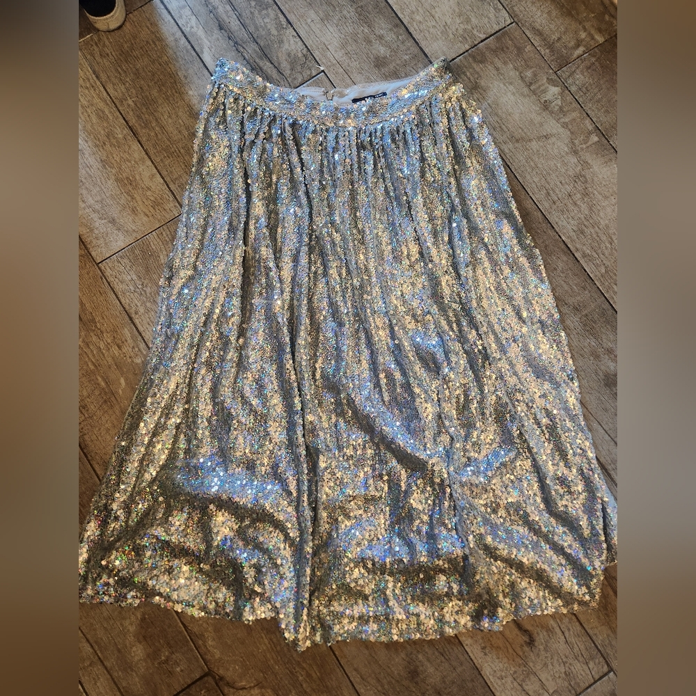TFNC Silver Sequin Midi Skirt A-Line Cocktail Festival Pride UK 14 / US 10